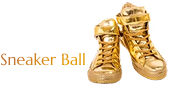 Pair of golden sneakers with Sneaker Ball text